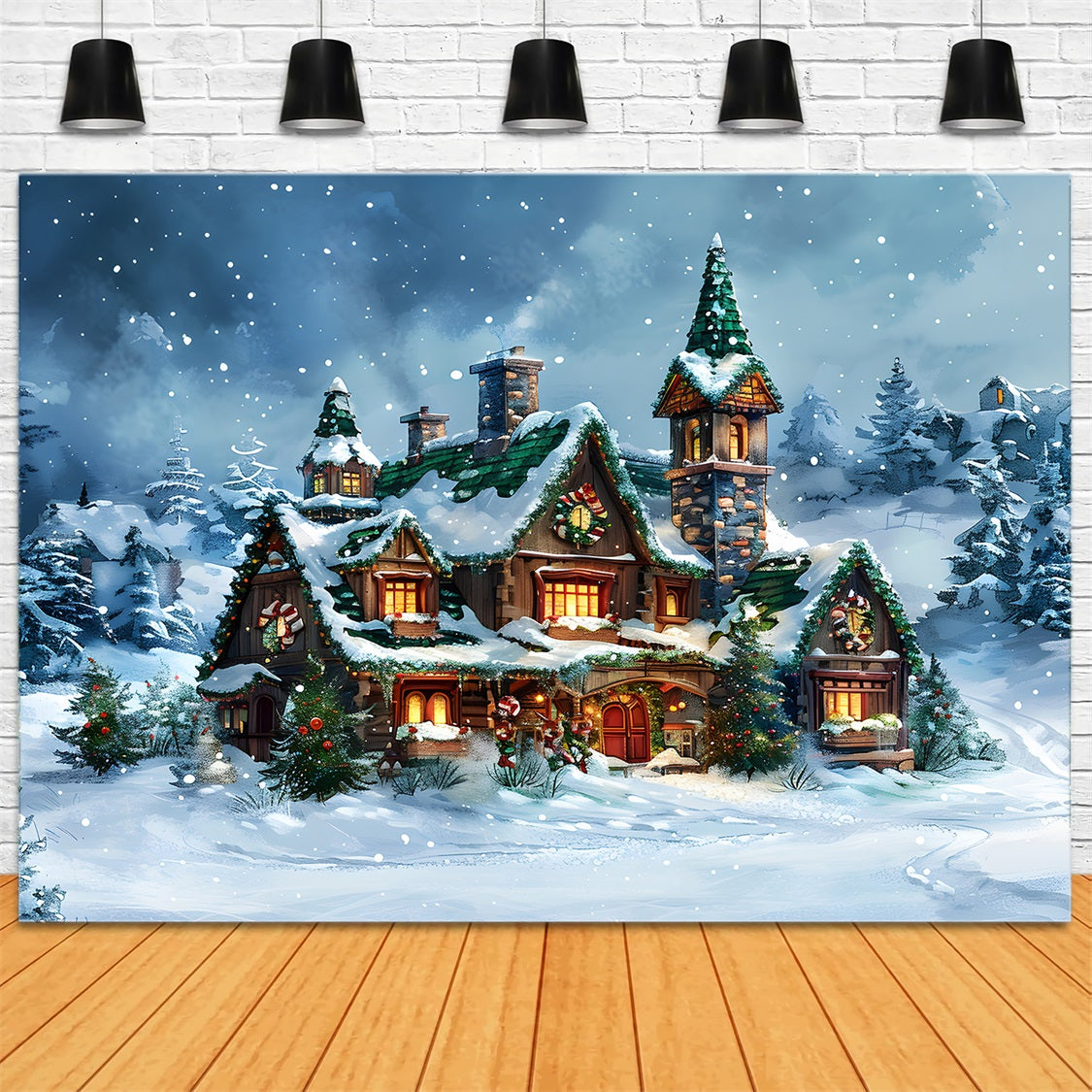 Toile de fond de Noël Cottage de Conte de Fées Enneigé en Forêt Hivernale RR7-651