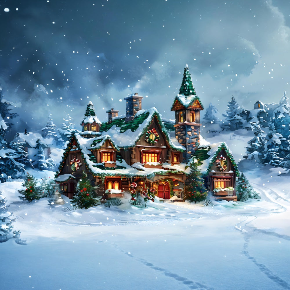 Toile de fond de Noël Cottage de Conte de Fées Enneigé en Forêt Hivernale RR7-651