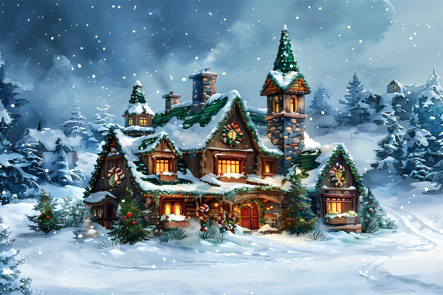 Toile de fond de Noël Cottage de Conte de Fées Enneigé en Forêt Hivernale RR7-651