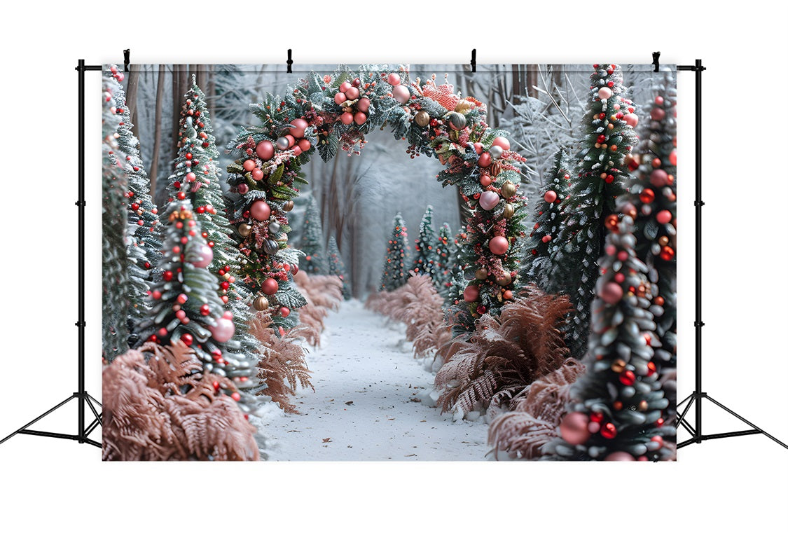 Toile de fond de Noël Arche Forestière Ornée de Boules Roses et Dorées RR7-653