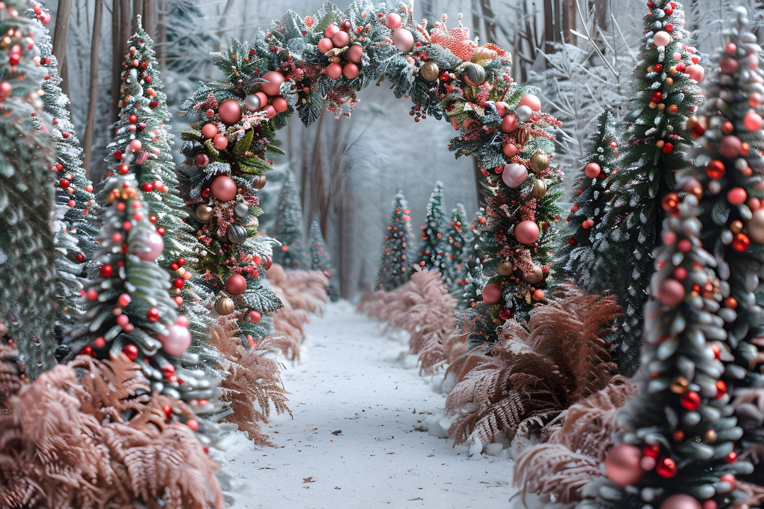 Toile de fond de Noël Arche Forestière Ornée de Boules Roses et Dorées RR7-653