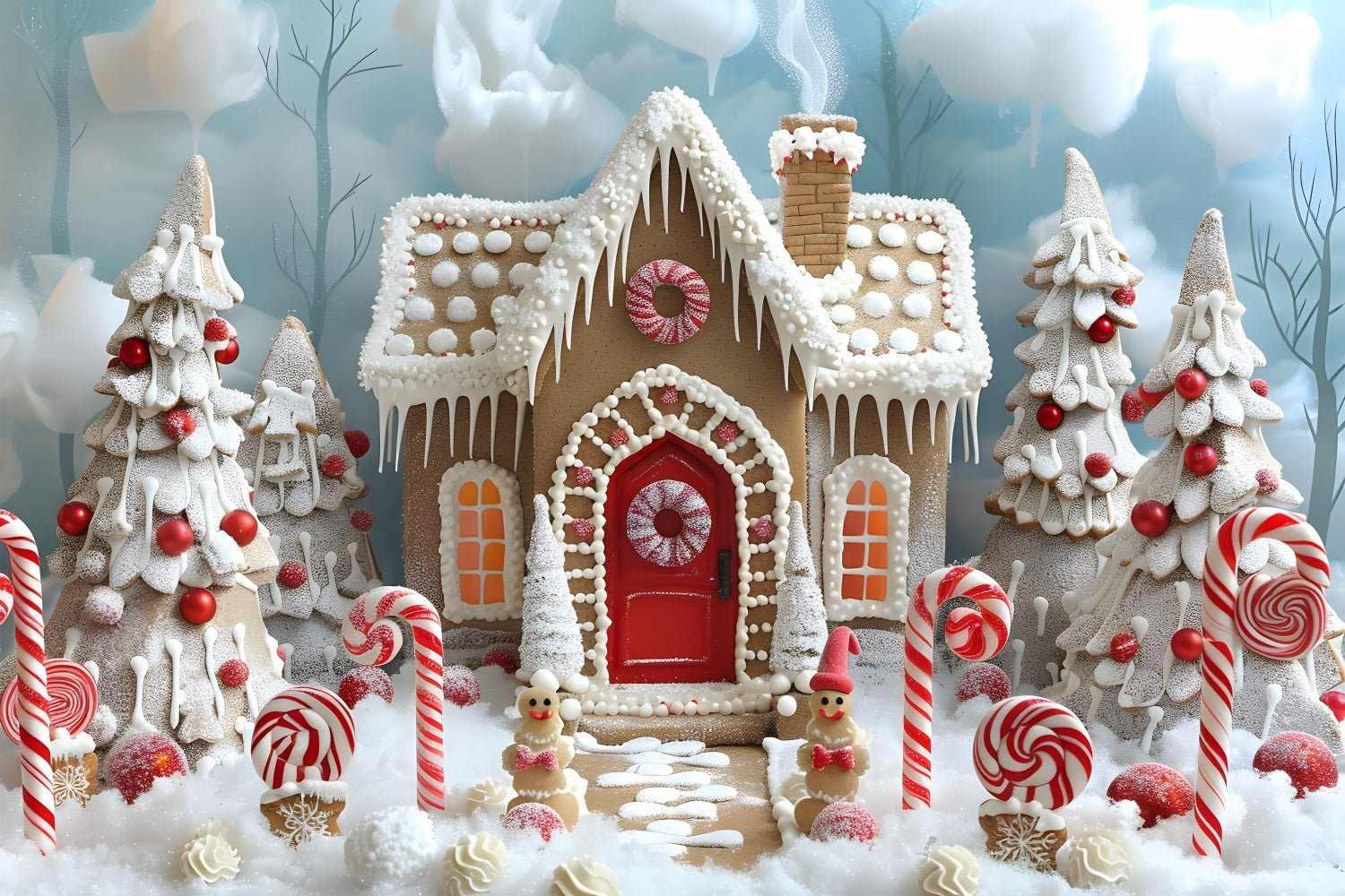 Toile de fond de Noël Maison en Pain d’Épice et Bonbons RR7-657