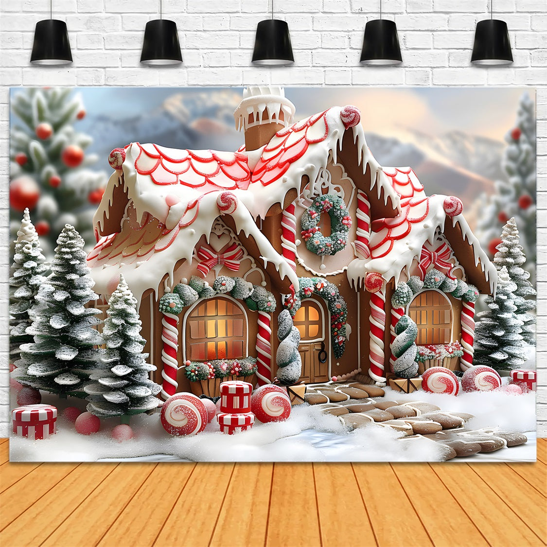 Toile de fond de Noël Cottage en Pain d’Épice et Sucre d’Orge RR7-659