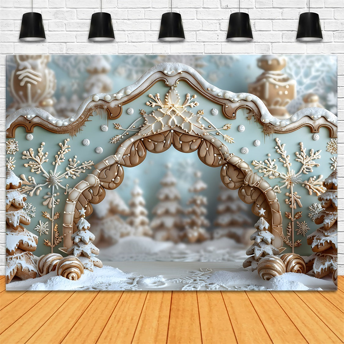 Toile de fond de Noël Arche de Flocons en Pain d’Épice RR7-661