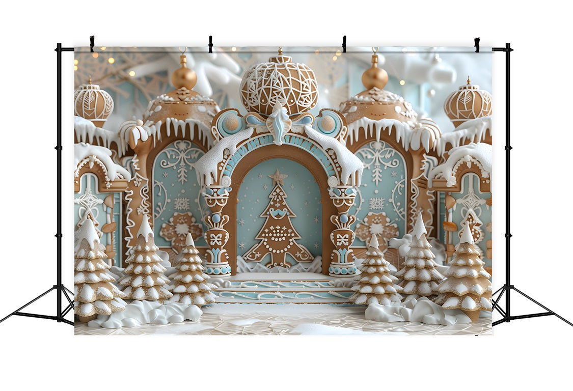 Toile de fond de Noël Château en Pain d’Épice avec Arbres Enneigés RR7-662