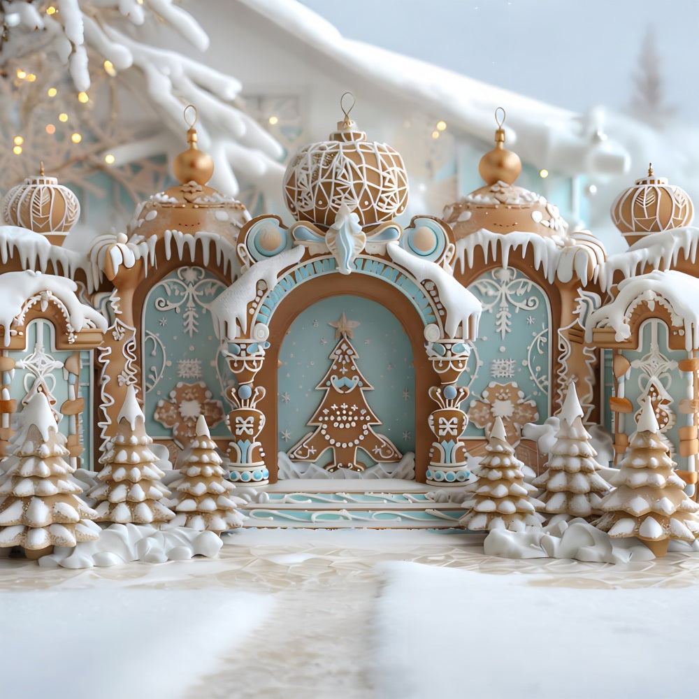 Toile de fond de Noël Château en Pain d’Épice avec Arbres Enneigés RR7-662