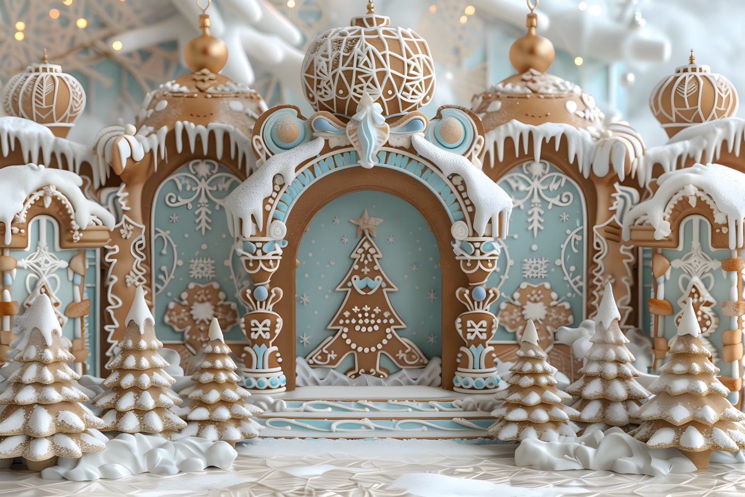 Toile de fond de Noël Château en Pain d’Épice avec Arbres Enneigés RR7-662