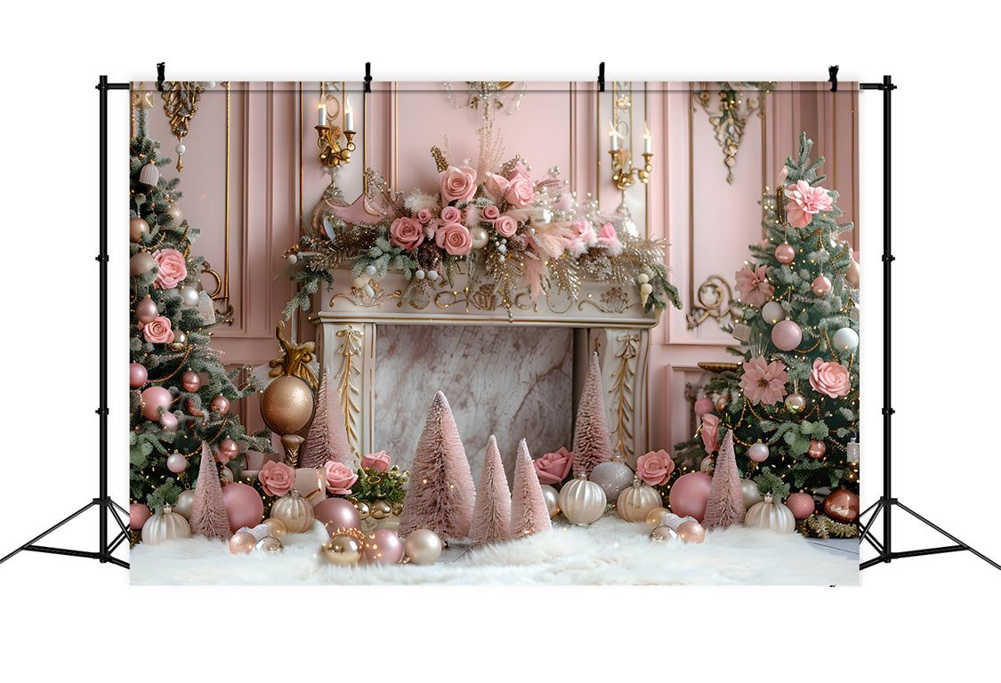 Toile de fond de Noël Cheminée Élégante Rose avec Arbres Décorés RR7-663