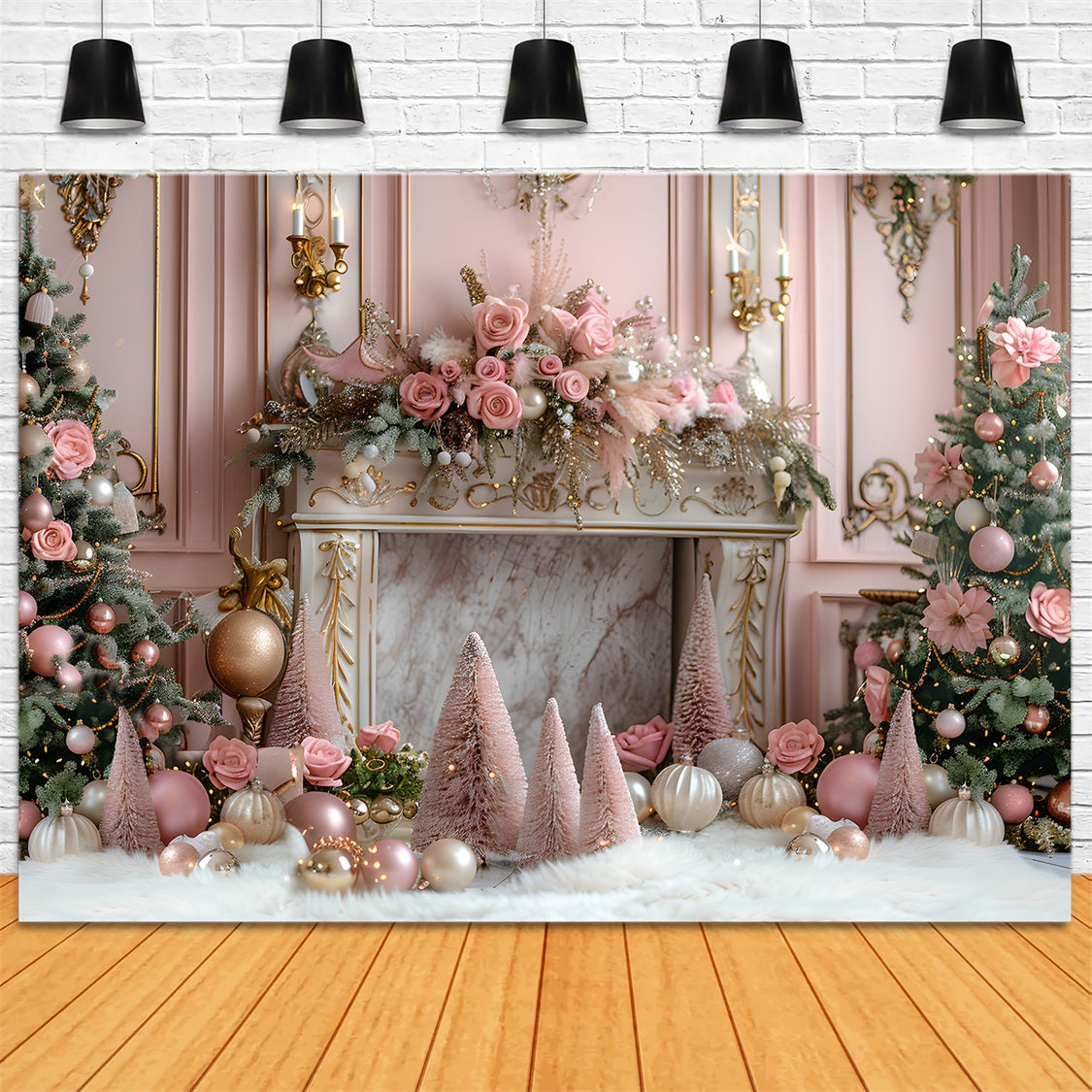 Toile de fond de Noël Cheminée Élégante Rose avec Arbres Décorés RR7-663