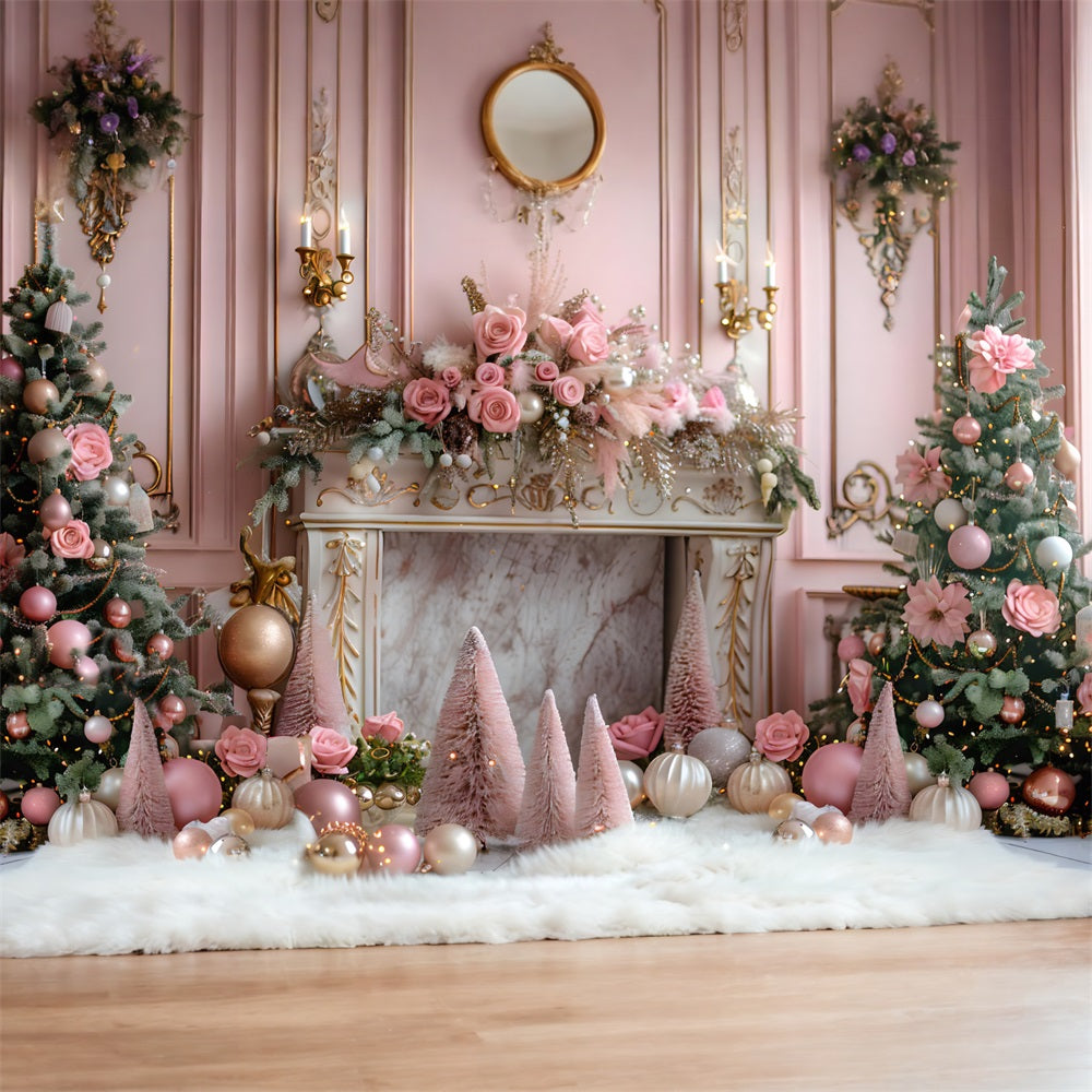 Toile de fond de Noël Cheminée Élégante Rose avec Arbres Décorés RR7-663