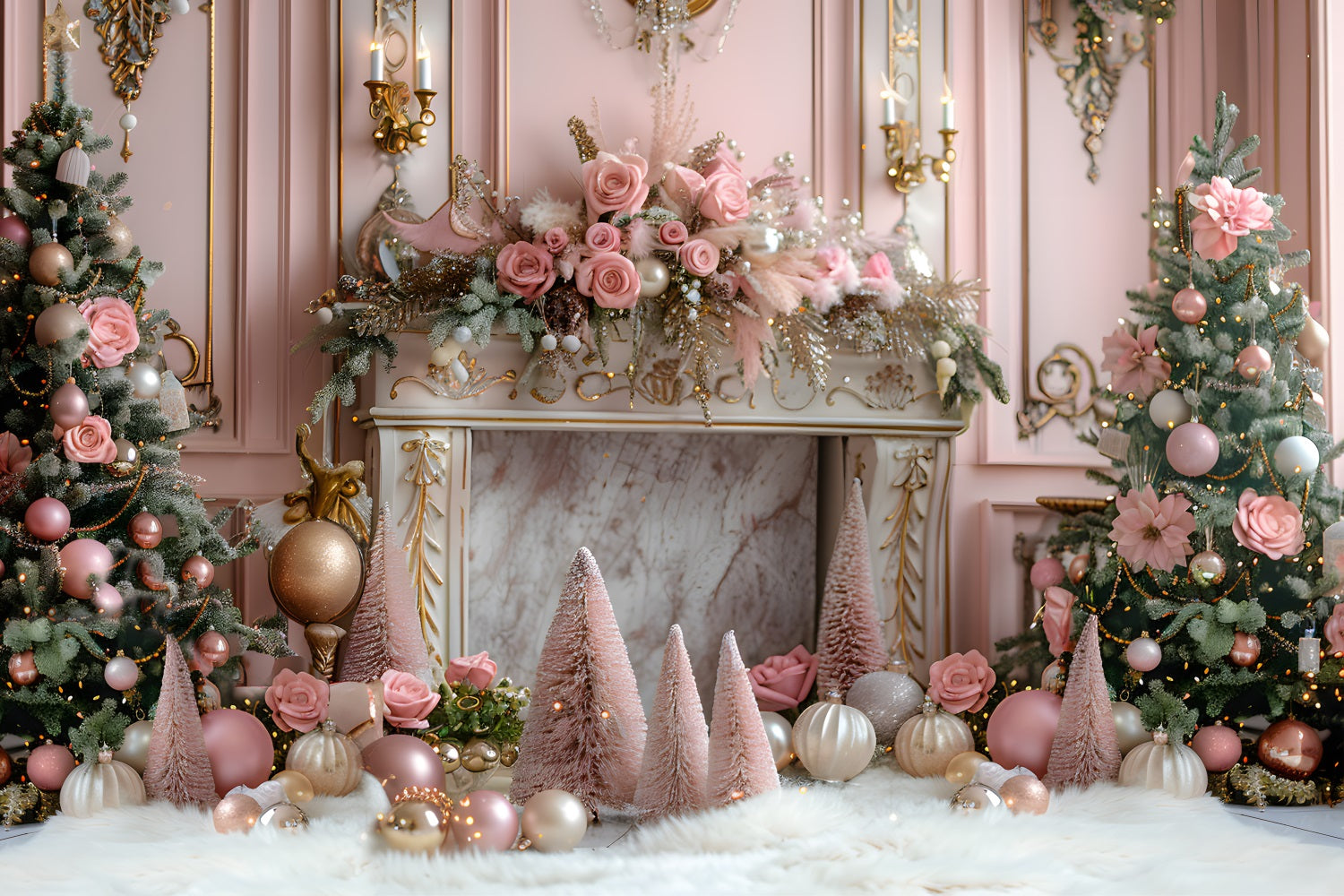 Toile de fond de Noël Cheminée Élégante Rose avec Arbres Décorés RR7-663