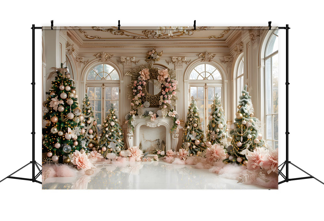 Toile de fond de Noël Cheminée Luxueuse Rose et Dorée RR7-664