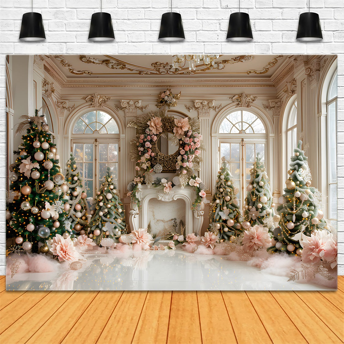 Toile de fond de Noël Cheminée Luxueuse Rose et Dorée RR7-664