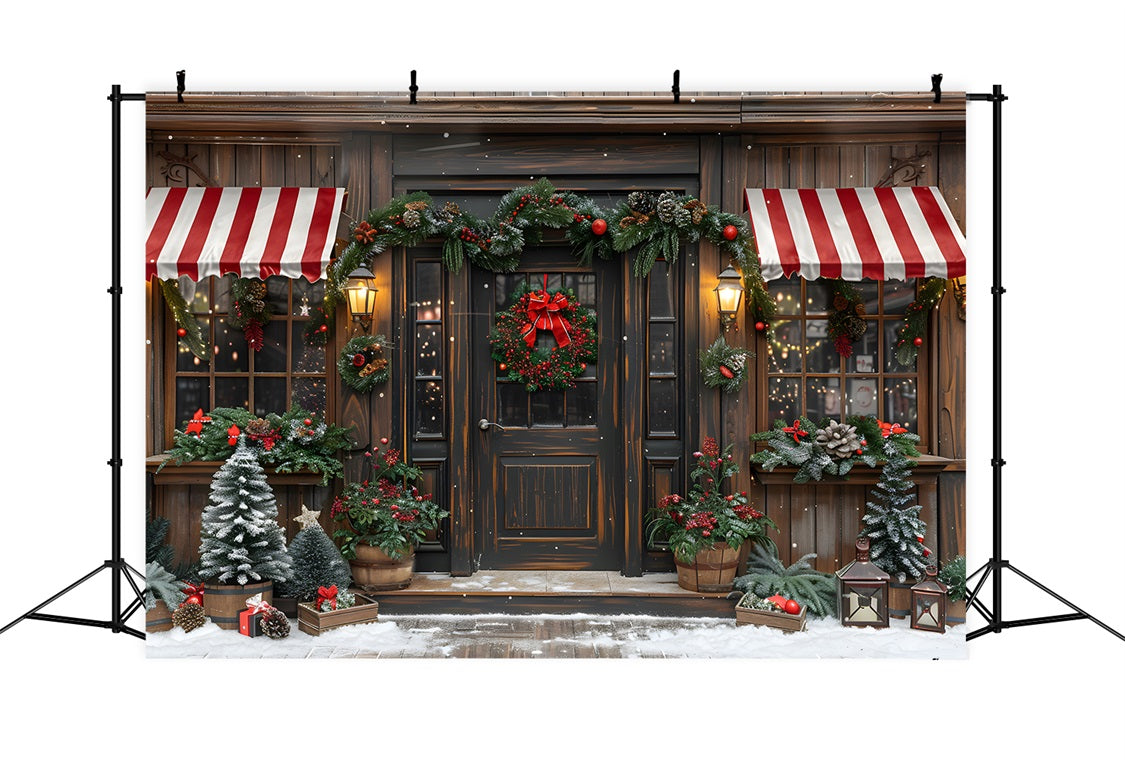 Toile de fond de Noël Façade de Boutique Rustique avec Couronne Festive RR7-666