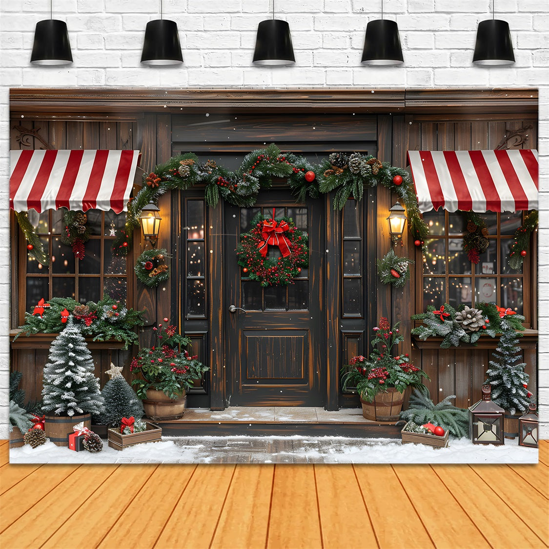 Toile de fond de Noël Façade de Boutique Rustique avec Couronne Festive RR7-666