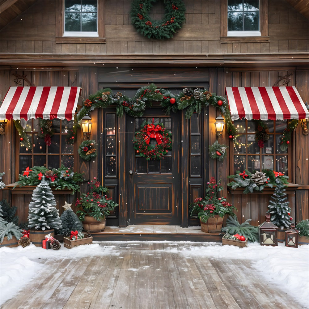 Toile de fond de Noël Façade de Boutique Rustique avec Couronne Festive RR7-666