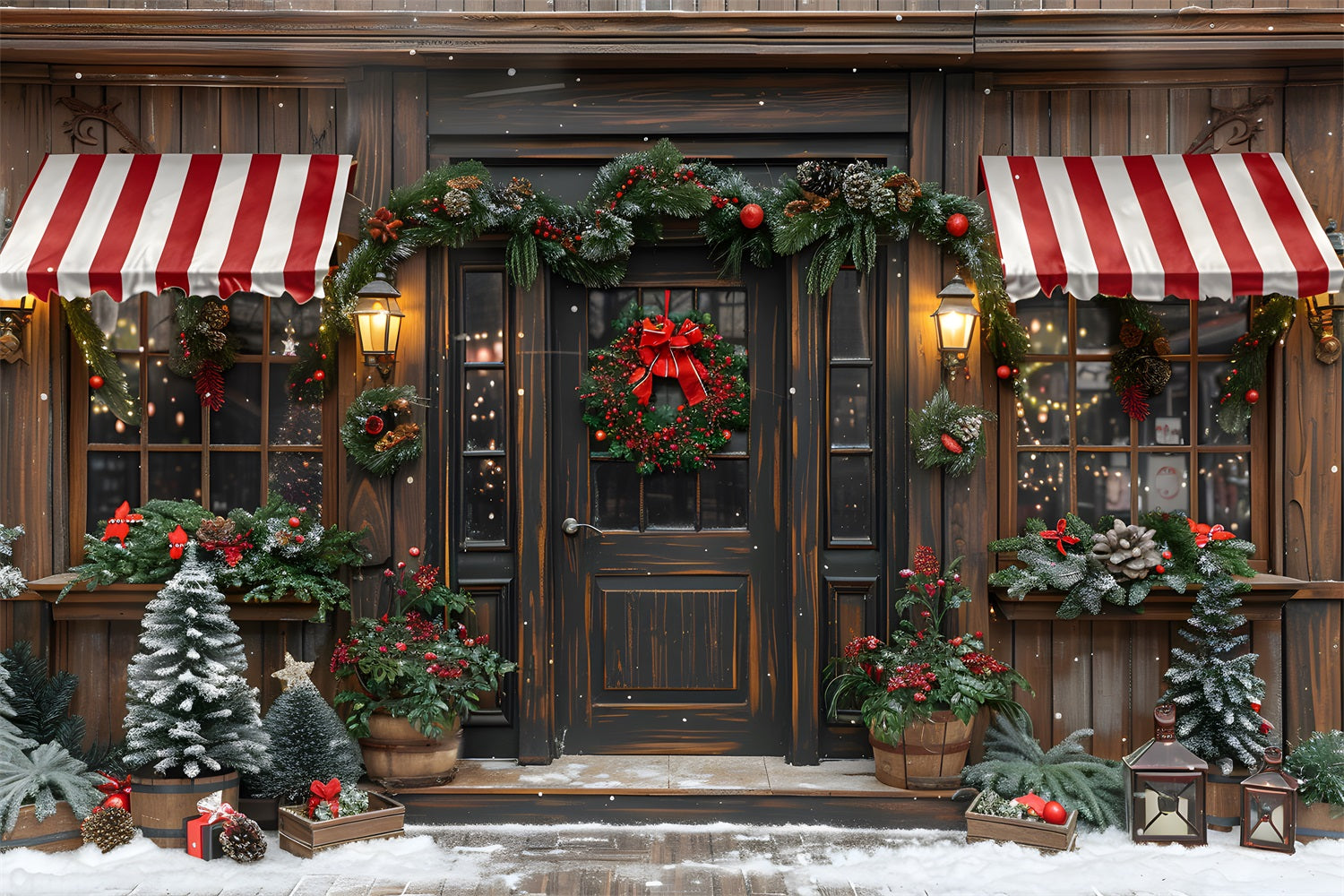 Toile de fond de Noël Façade de Boutique Rustique avec Couronne Festive RR7-666