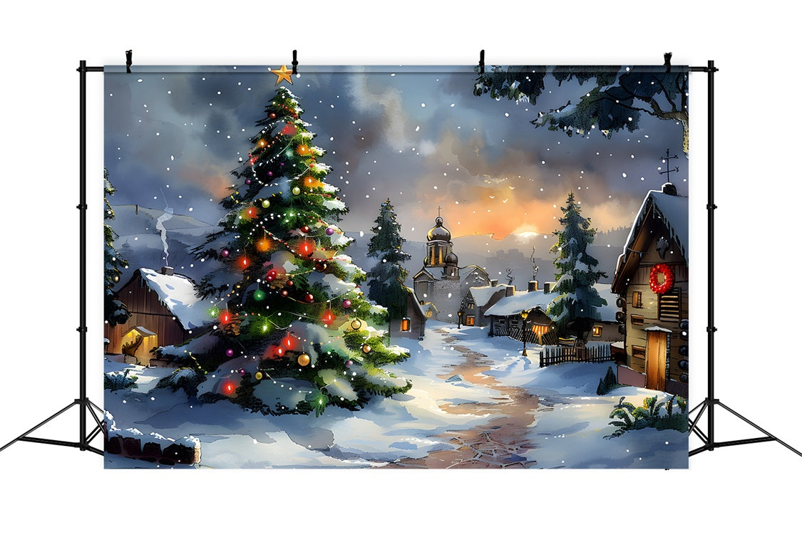 Toile de fond de Noël Village avec Arbre Étoilé RR7-670