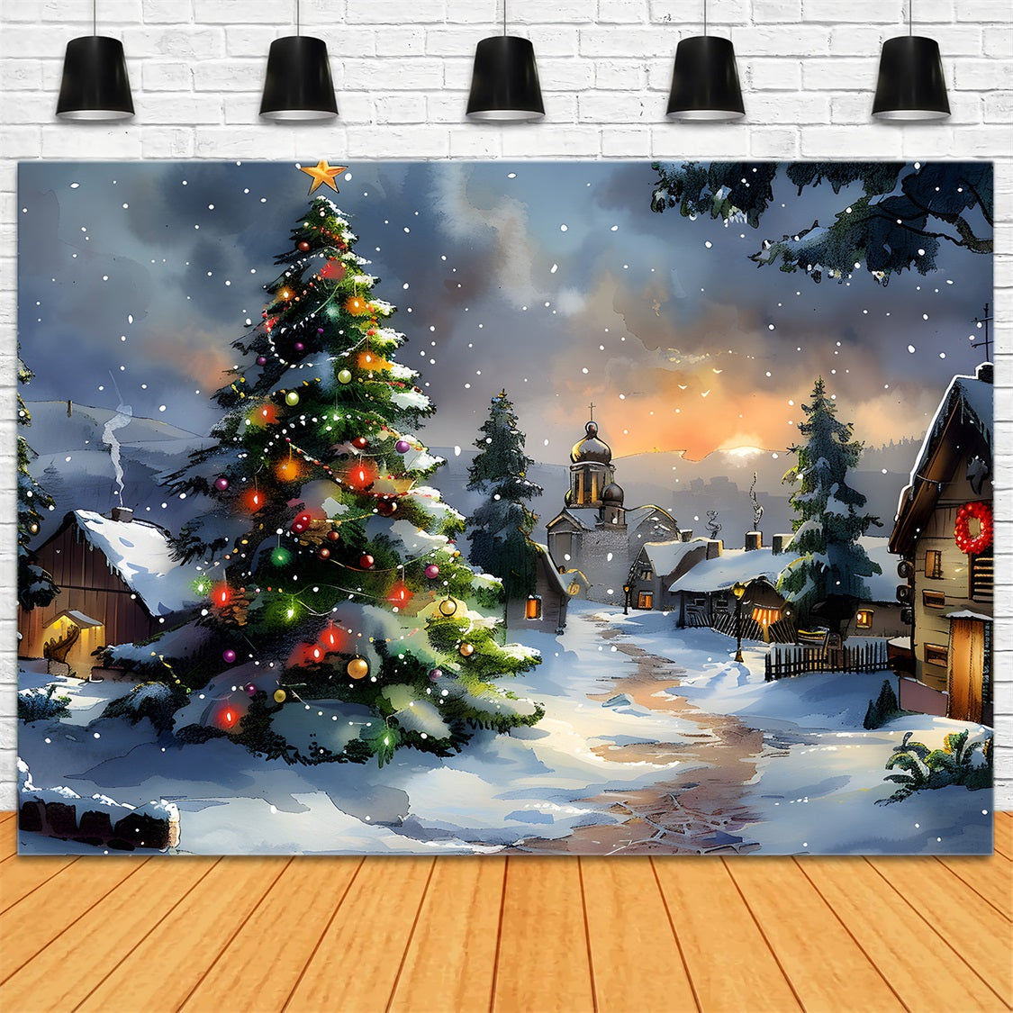 Toile de fond de Noël Village avec Arbre Étoilé RR7-670
