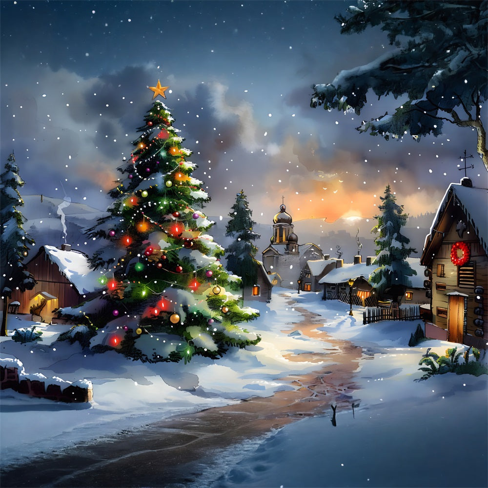 Toile de fond de Noël Village avec Arbre Étoilé RR7-670