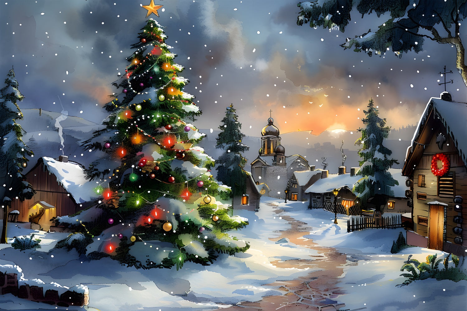 Toile de fond de Noël Village avec Arbre Étoilé RR7-670