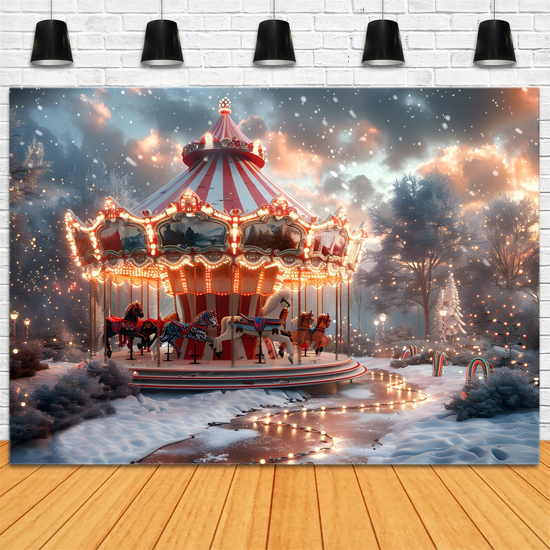 Toile de fond de Noël Carrousel en Hiver Merveilleux RR7-674