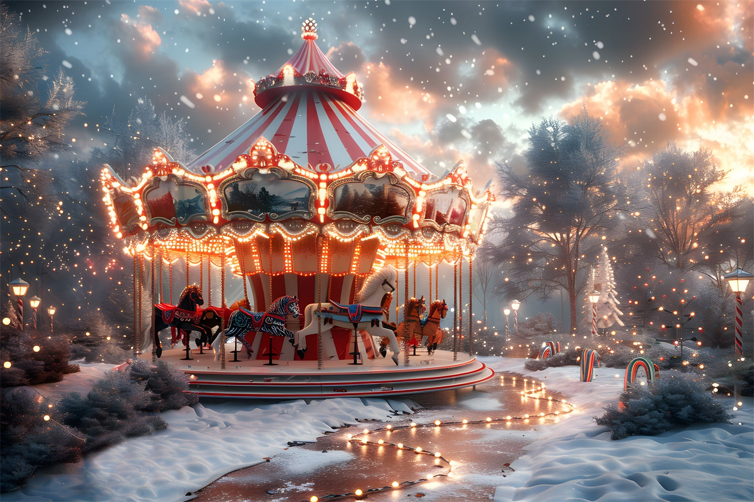 Toile de fond de Noël Carrousel en Hiver Merveilleux RR7-674