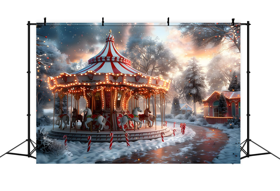 Toile de fond de Noël Carrousel au Crépuscule Hiver Merveilleux RR7-675