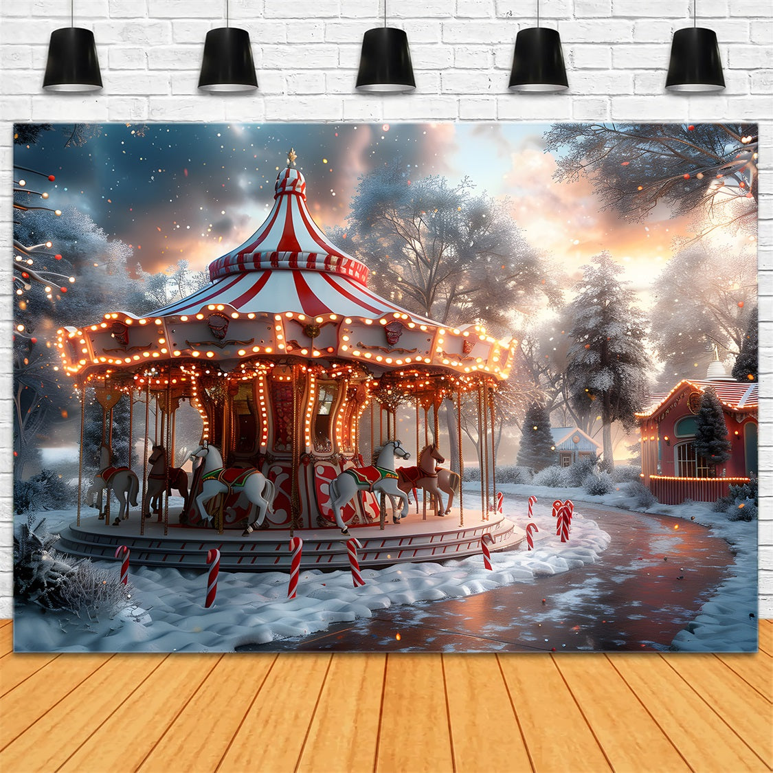 Toile de fond de Noël Carrousel au Crépuscule Hiver Merveilleux RR7-675