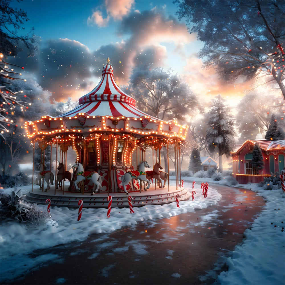 Toile de fond de Noël Carrousel au Crépuscule Hiver Merveilleux RR7-675