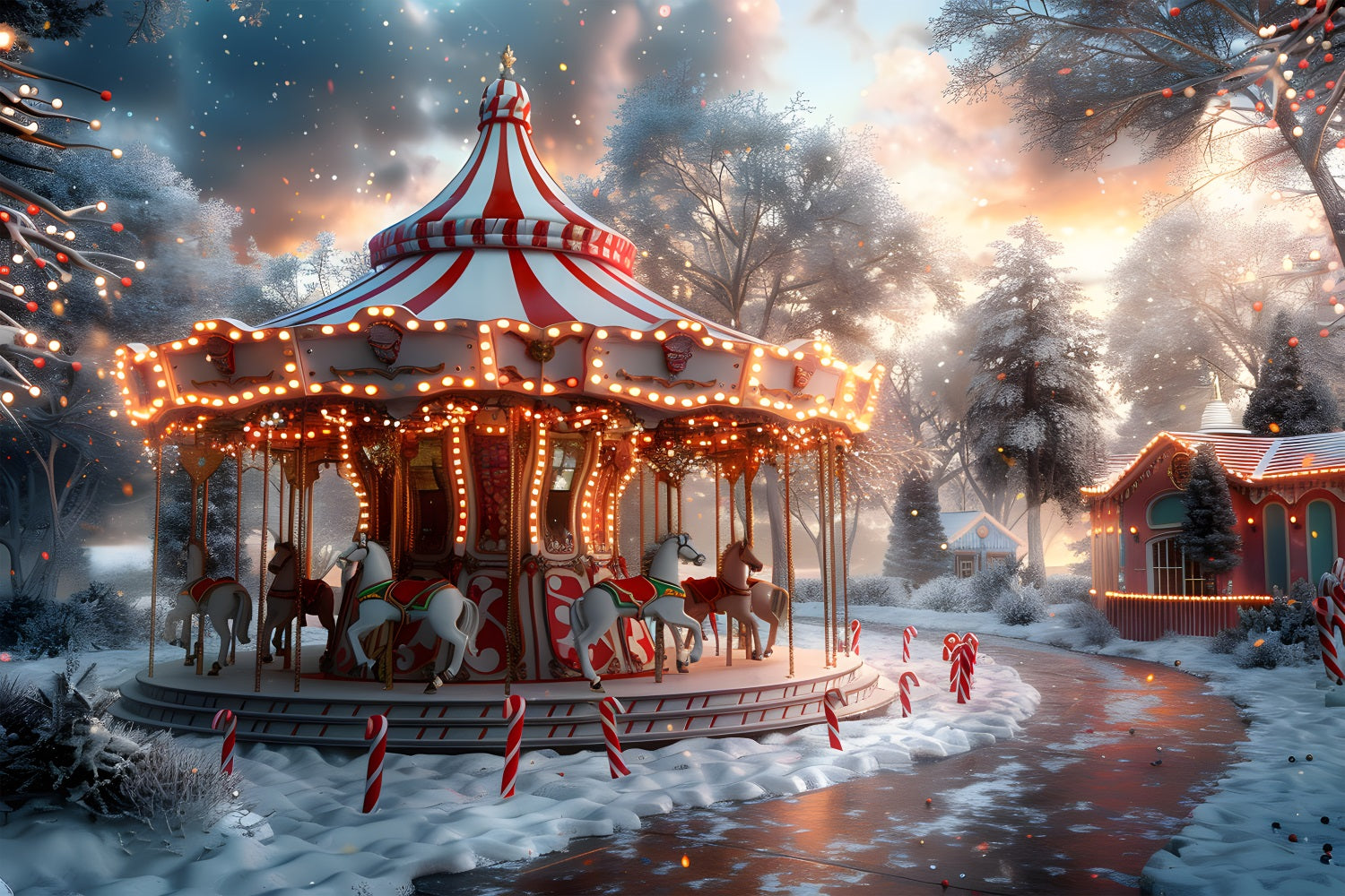 Toile de fond de Noël Carrousel au Crépuscule Hiver Merveilleux RR7-675