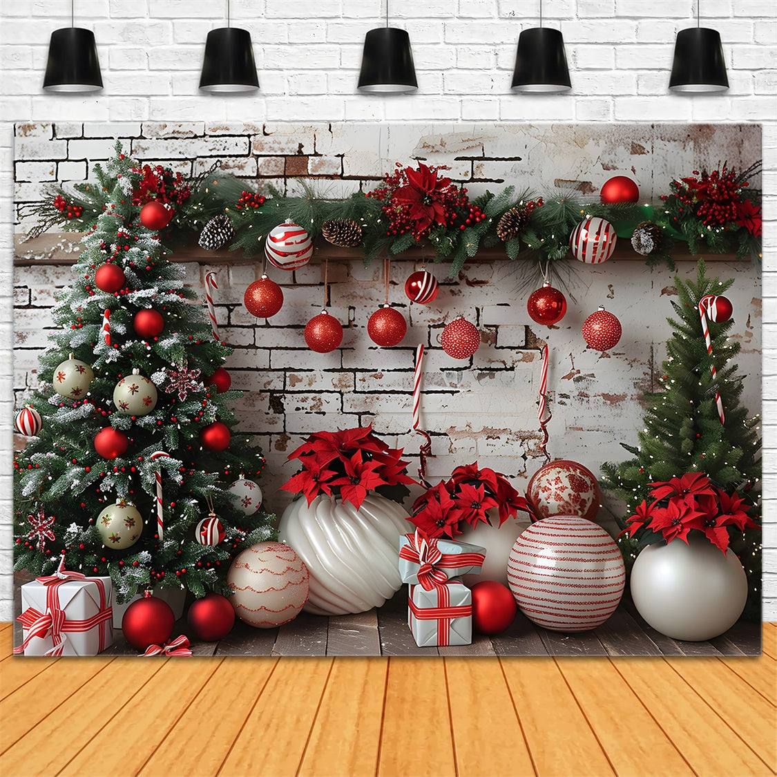 Toile de fond de Noël Mur de Briques Rustique Ornements Rouges et Blancs RR7-677