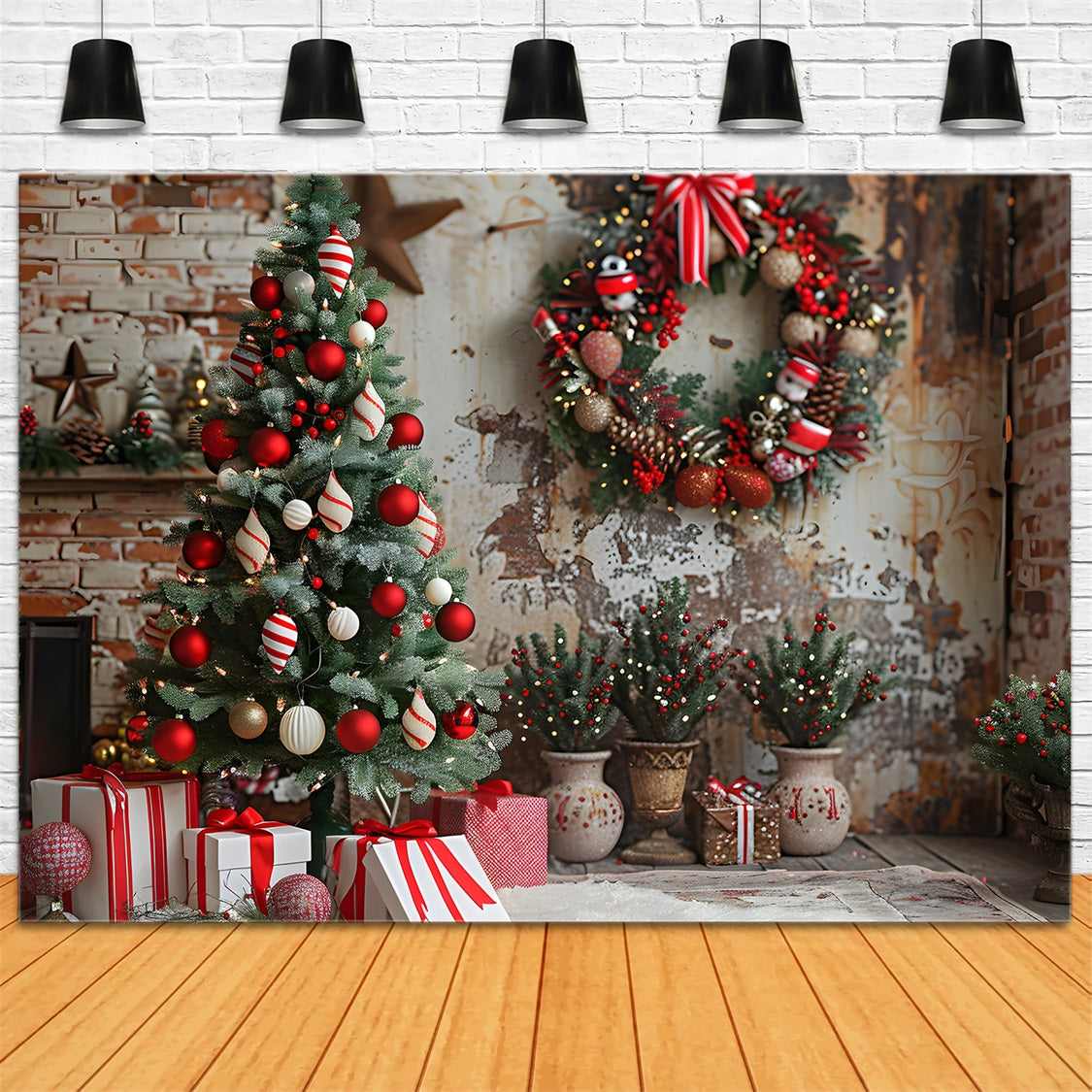 Toile de fond de Noël Mur de Briques Confortable Ornements Rustiques RR7-678