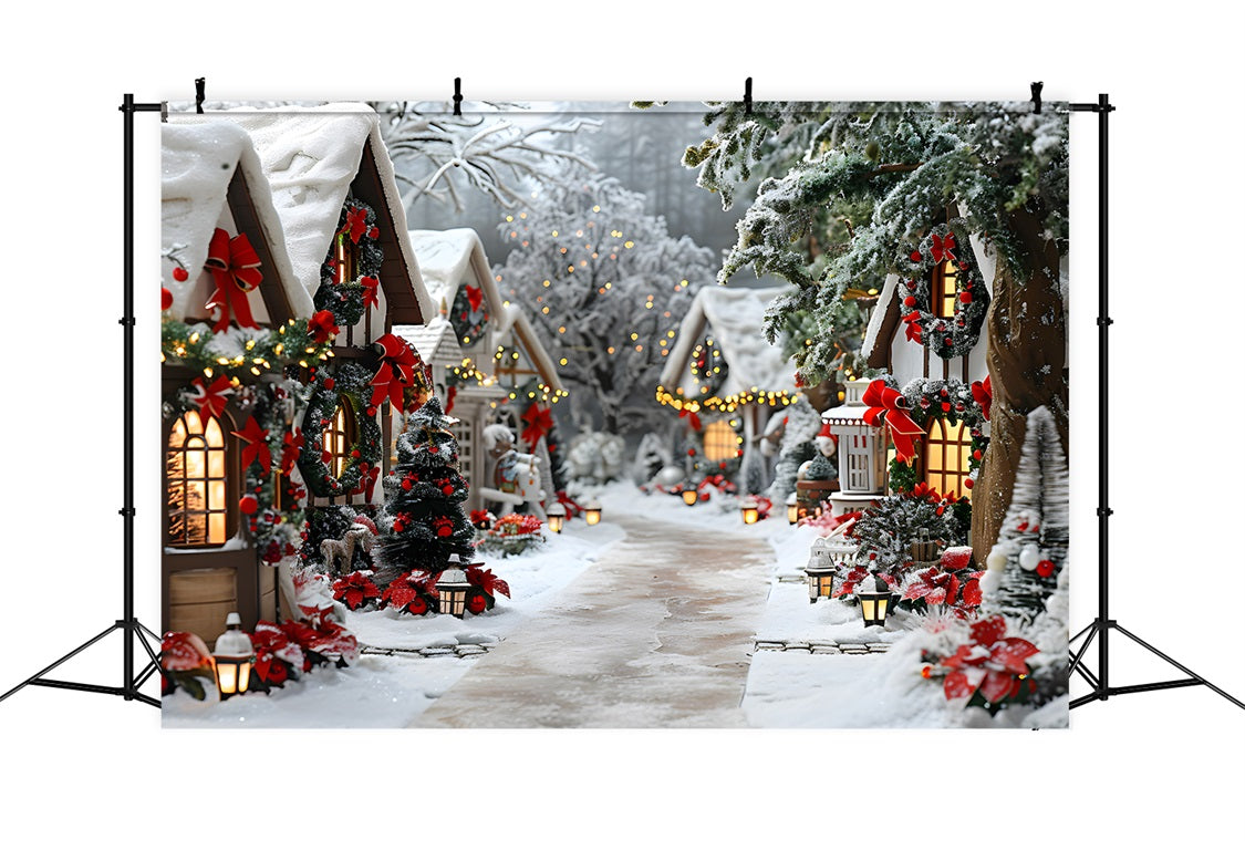 Toile de fond de Noël Village Enchanté avec Décorations de Nœuds RR7-679