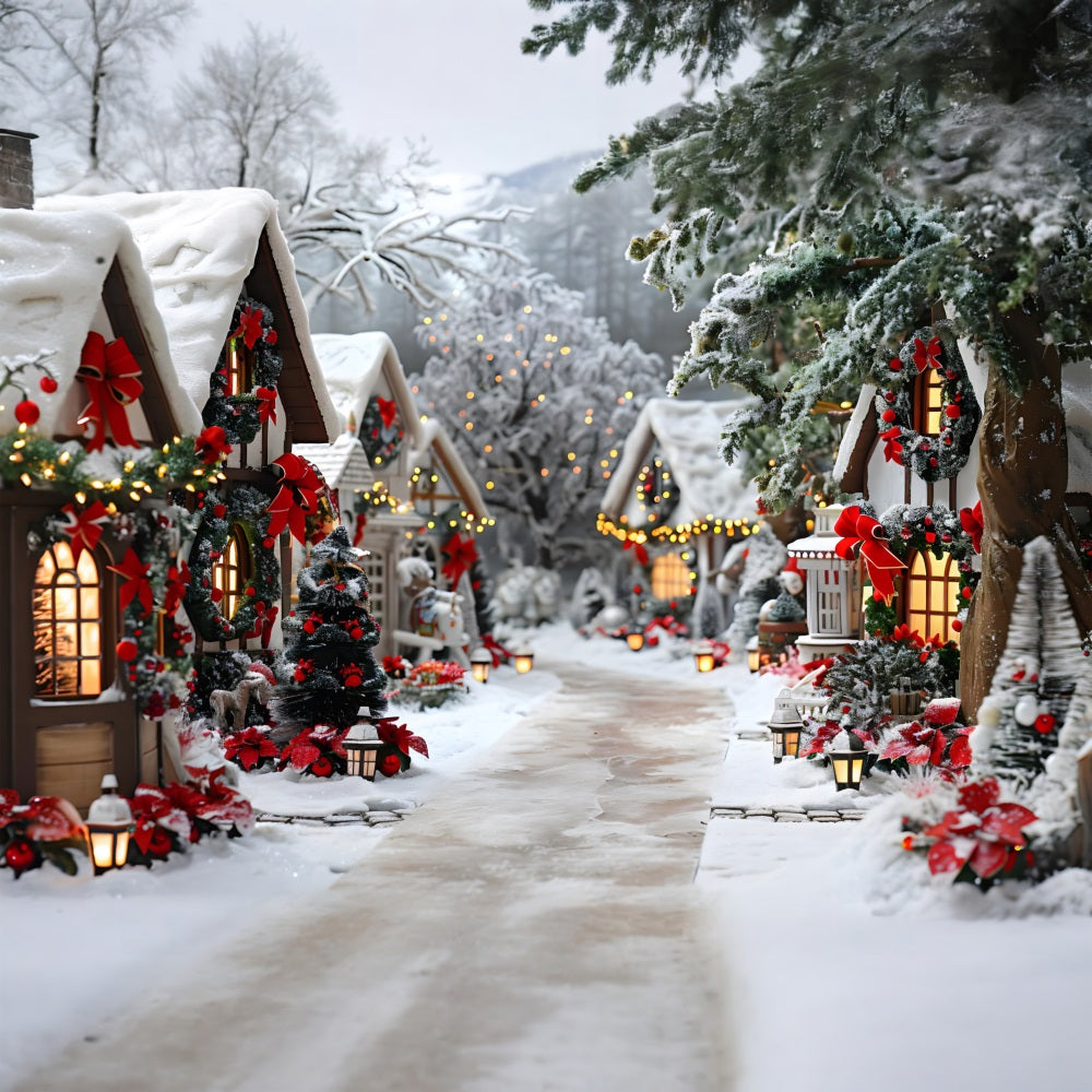 Toile de fond de Noël Village Enchanté avec Décorations de Nœuds RR7-679