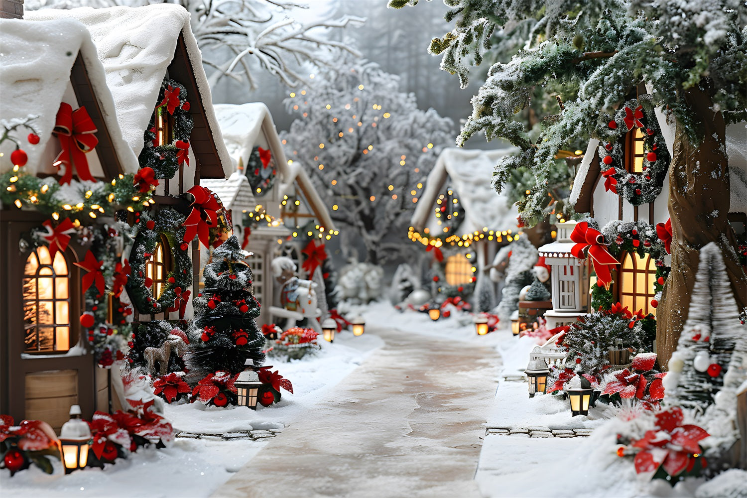 Toile de fond de Noël Village Enchanté avec Décorations de Nœuds RR7-679