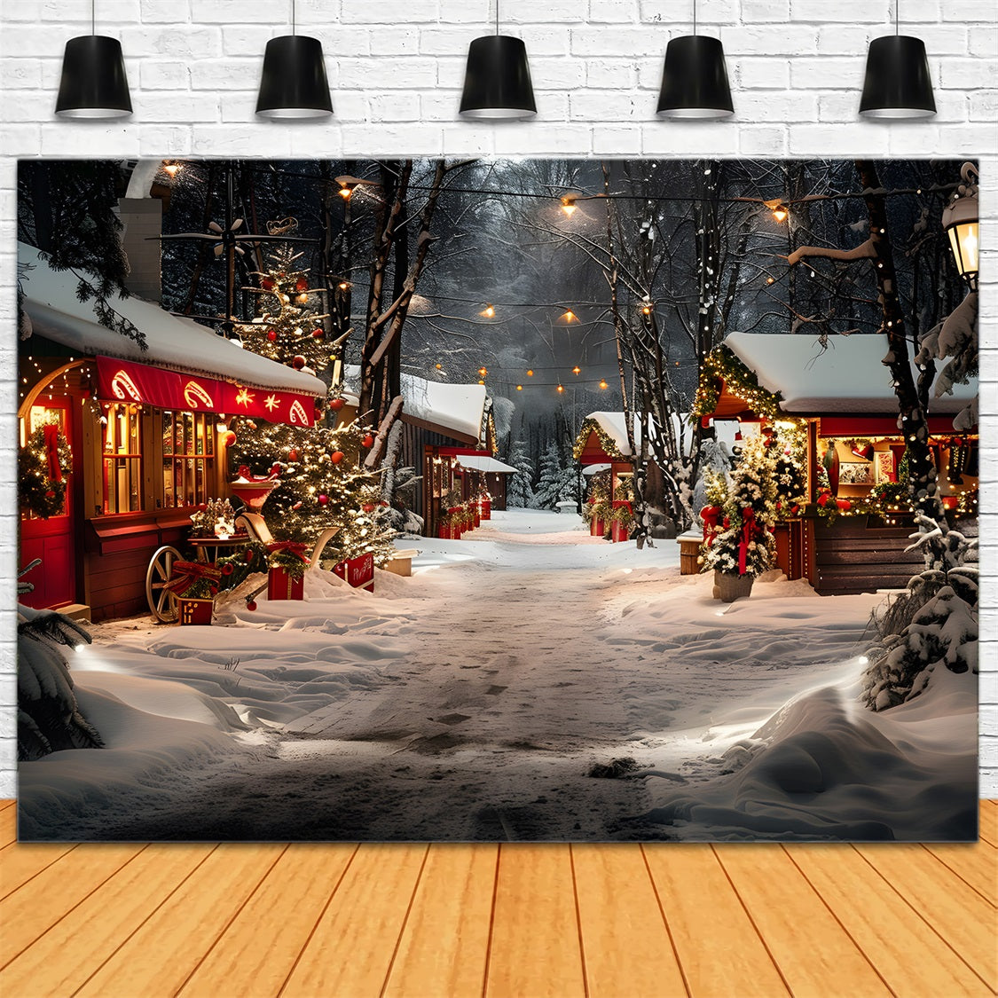Toile de fond de Noël Stands de Marché en Forêt Enneigée la Nuit RR7-681