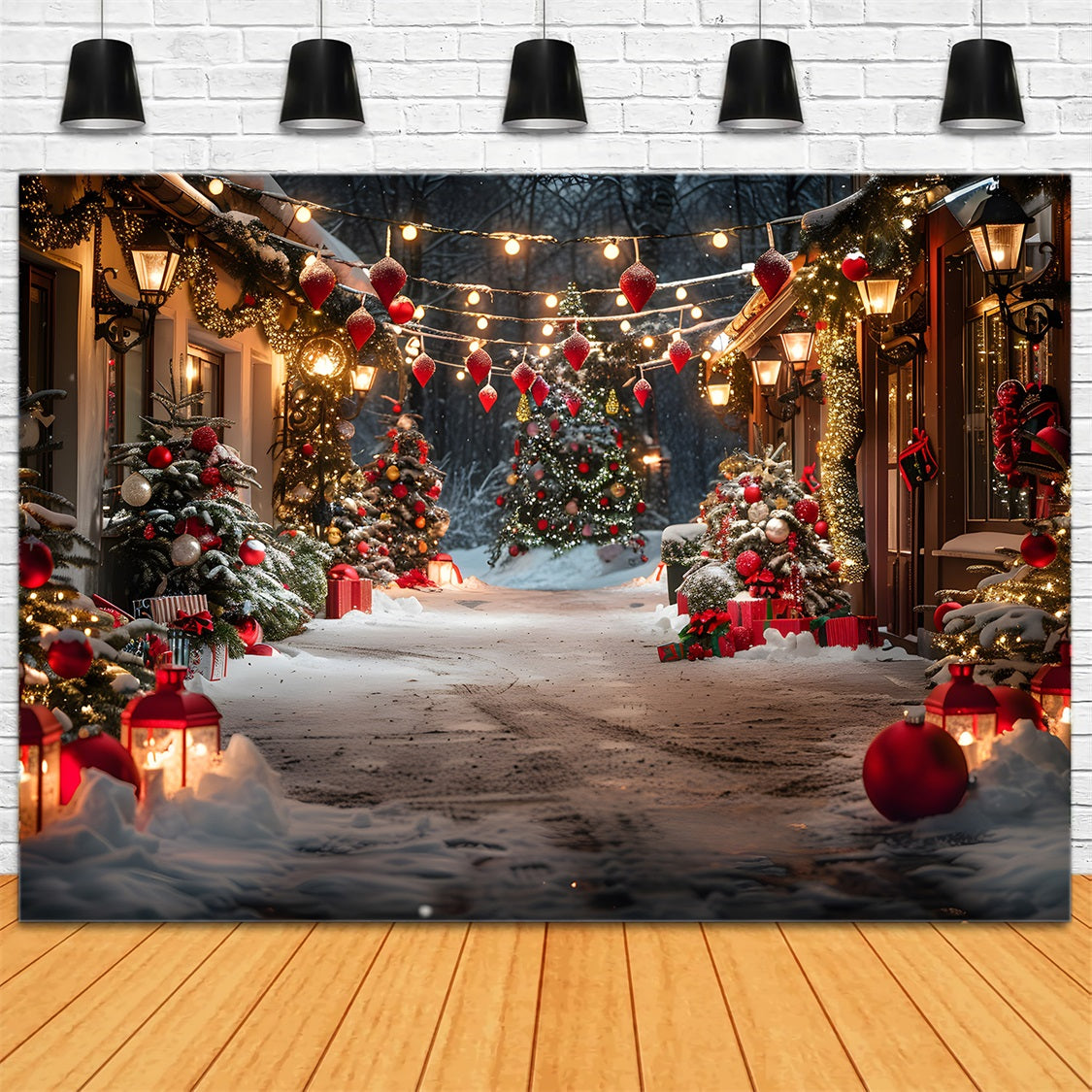 Toile de fond de Noël Allée de Village avec Arbres Décorés et Lanternes RR7-683