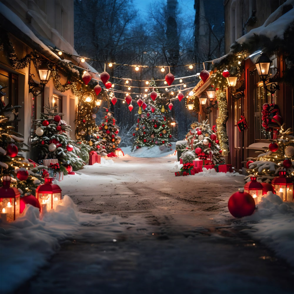 Toile de fond de Noël Allée de Village avec Arbres Décorés et Lanternes RR7-683