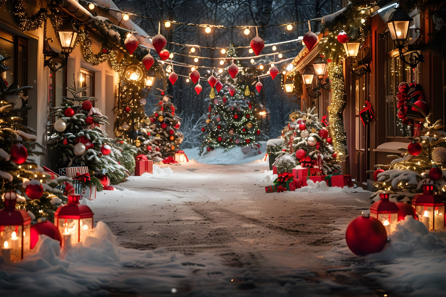 Toile de fond de Noël Allée de Village avec Arbres Décorés et Lanternes RR7-683