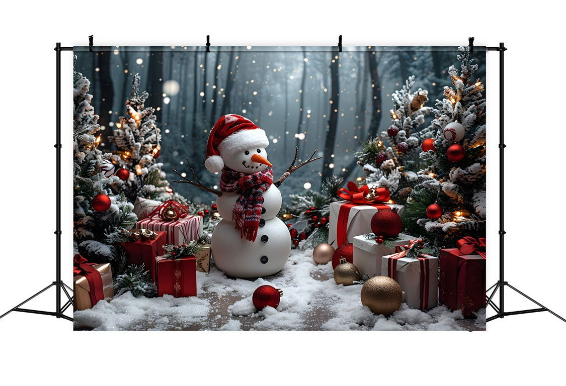Toile de fond de Noël Bonhomme de Neige avec Cadeaux et Arbres RR7-684
