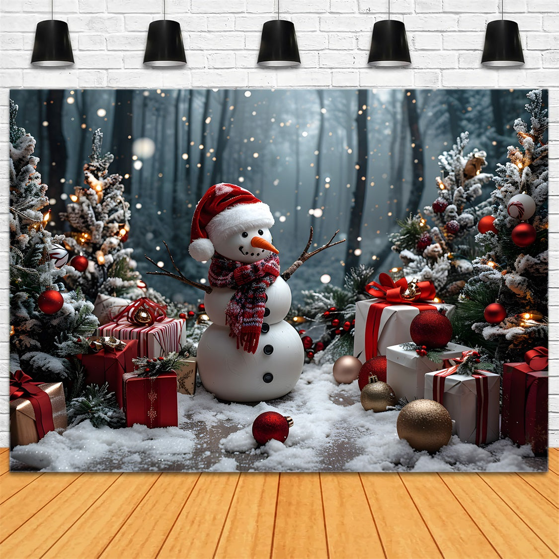 Toile de fond de Noël Bonhomme de Neige avec Cadeaux et Arbres RR7-684