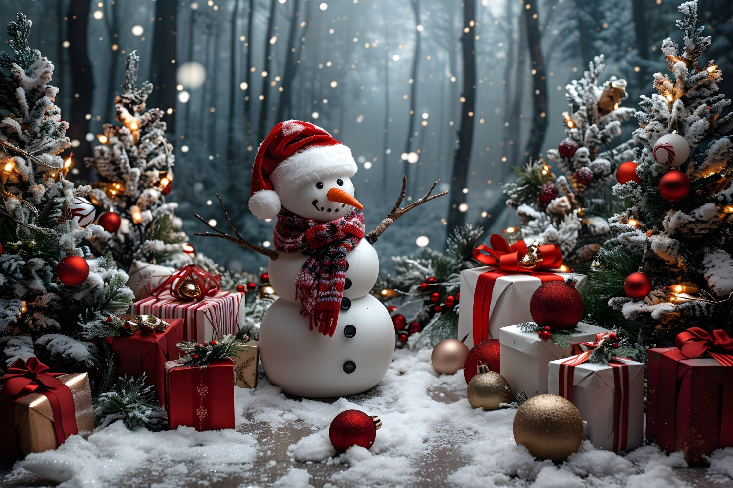 Toile de fond de Noël Bonhomme de Neige avec Cadeaux et Arbres RR7-684