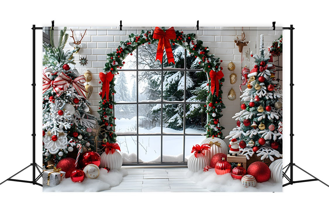 Toile de fond de Noël Vue de Fenêtre Confortable avec Arbres Décorés RR7-686
