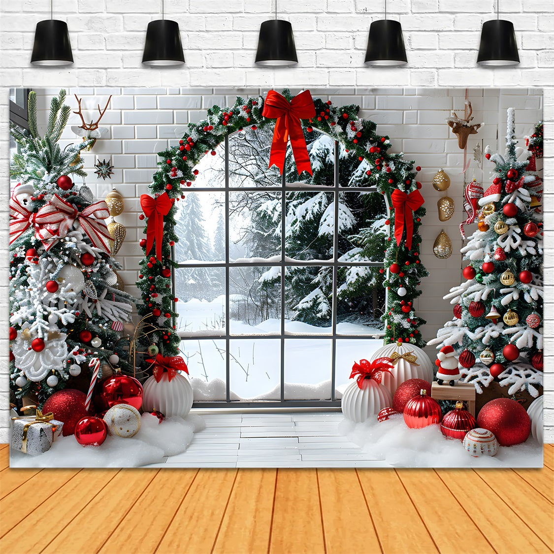 Toile de fond de Noël Vue de Fenêtre Confortable avec Arbres Décorés RR7-686