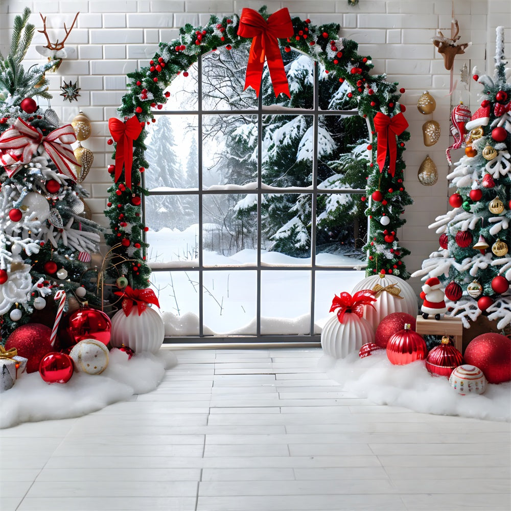 Toile de fond de Noël Vue de Fenêtre Confortable avec Arbres Décorés RR7-686
