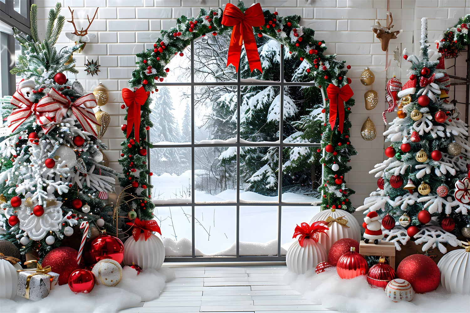 Toile de fond de Noël Vue de Fenêtre Confortable avec Arbres Décorés RR7-686