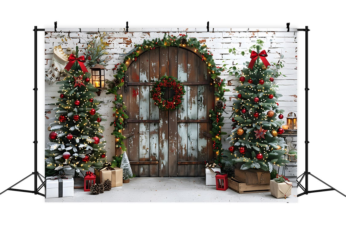 Toile de fond de Noël Porte Rustique avec Arbres Festifs RR7-687
