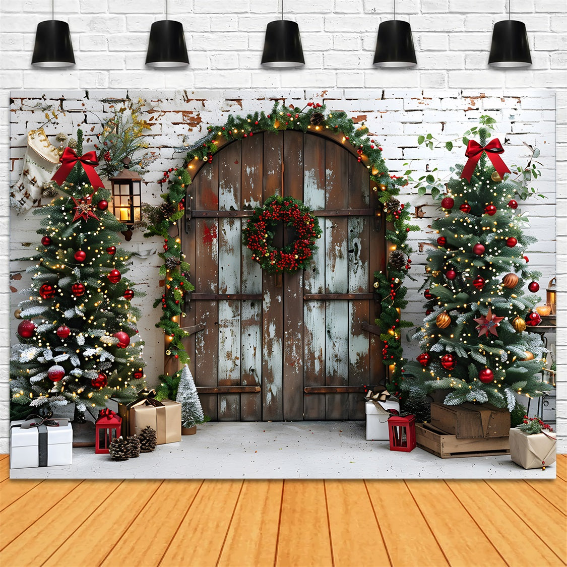 Toile de fond de Noël Porte Rustique avec Arbres Festifs RR7-687