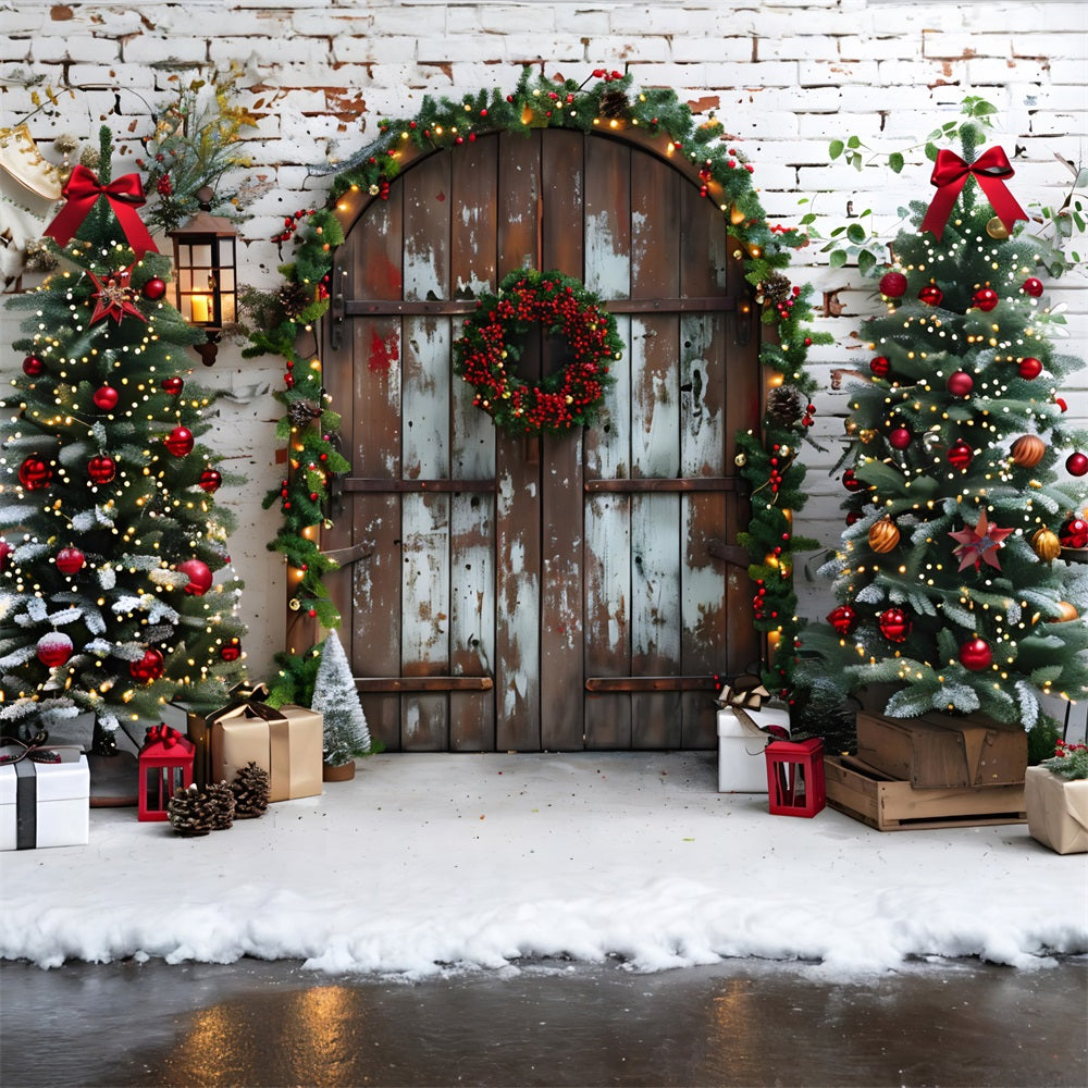Toile de fond de Noël Porte Rustique avec Arbres Festifs RR7-687